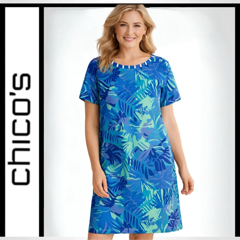 Chico’s Size 3 Blue Green Tropical Leaf Print Short Sleeve Shift Dress - Picture 1 of 13